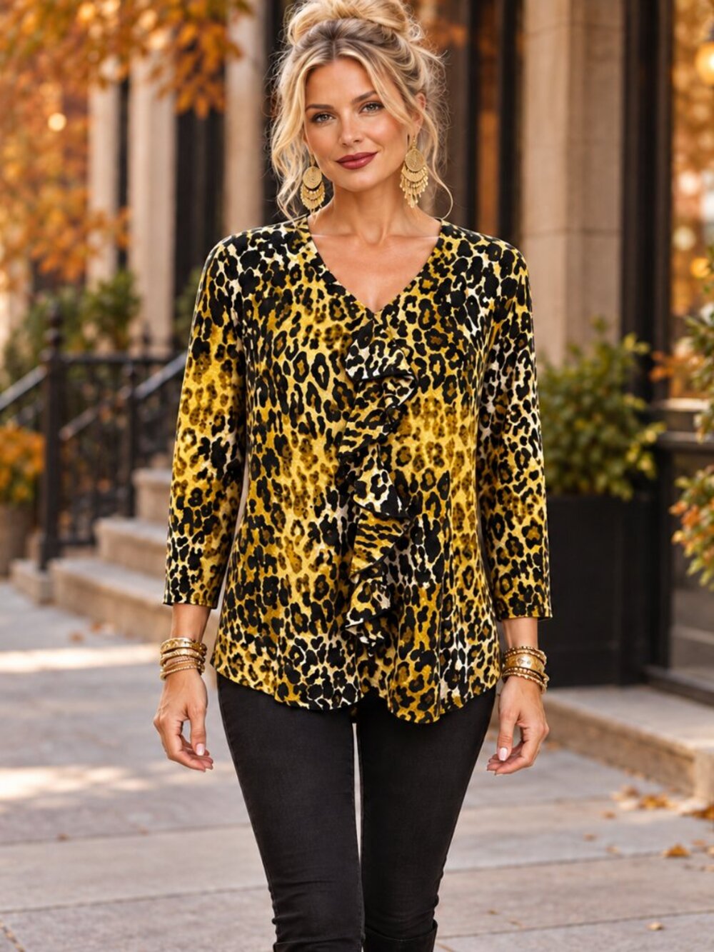 Jones New York Sport Leopard Print Ruffle Top Size Large Yellow Black